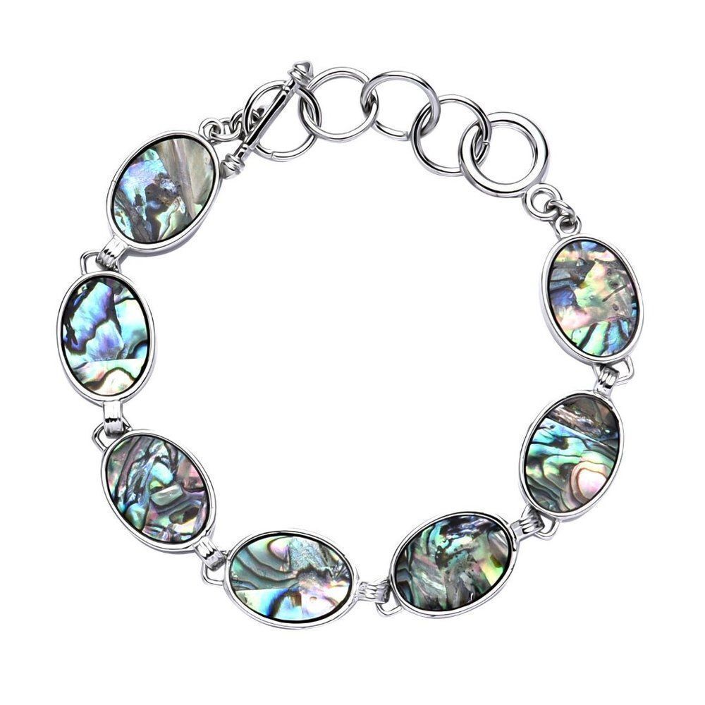 Abalone Shell Oval Shaped Link Bracelet in Silvertone (8-10In)